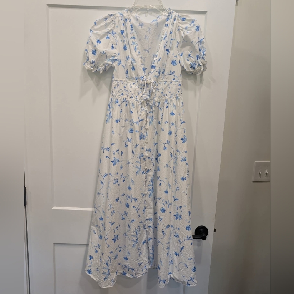 Hill House White Midi Dress with Blue Floral Print